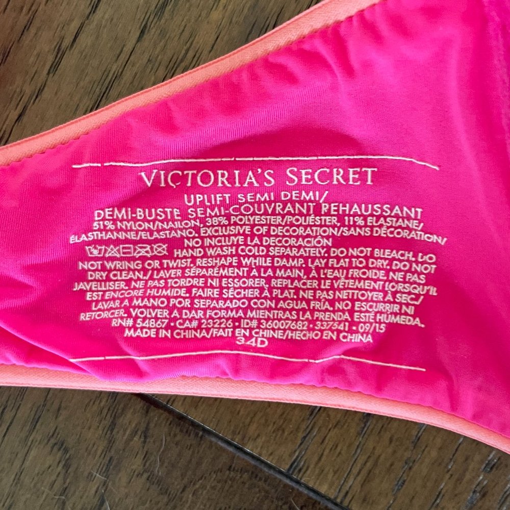 EUC! Victoria’s Secret Uplift Semi Demi hot pink & neon orange bra - sz. 34D - Picture 5 of 5